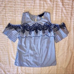 Cutout Cold Shoulder Blue Embroidered Top